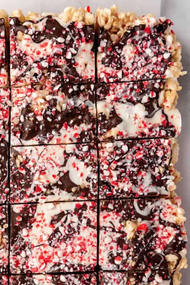 Peppermint bark rice krispies treats cut into squares.