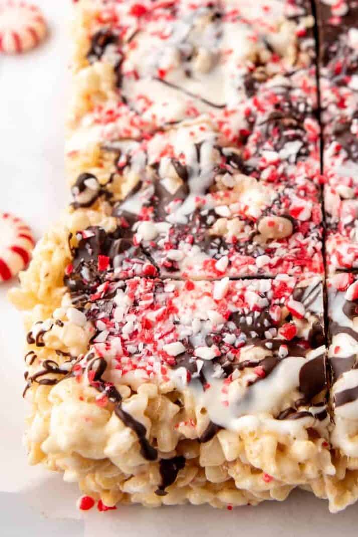 A side view of peppermint bark rice krispies treats.