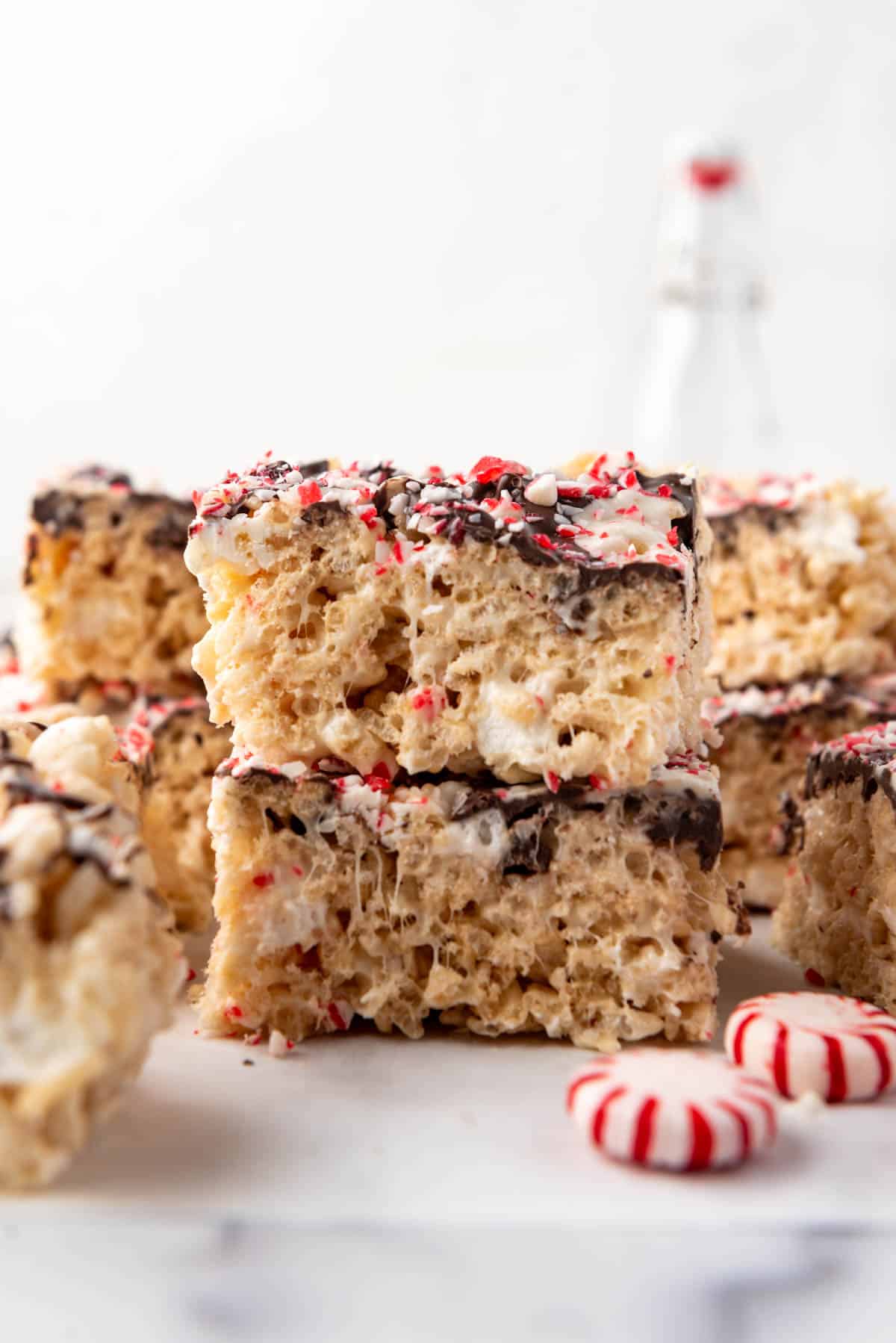 Stacked peppermint bark rice krispies treats.