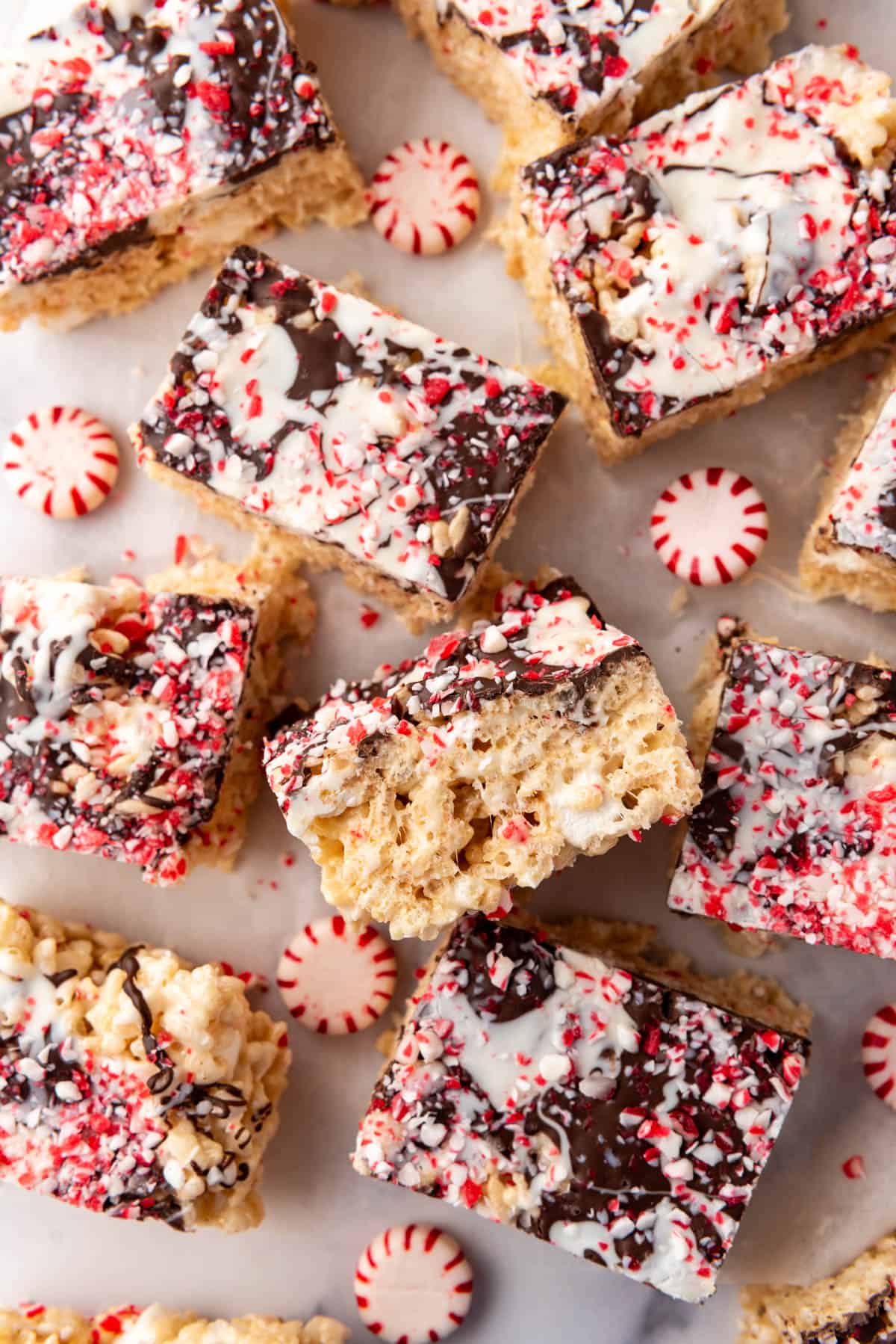 An overhead image of peppermint bark rice krispies treats squares.