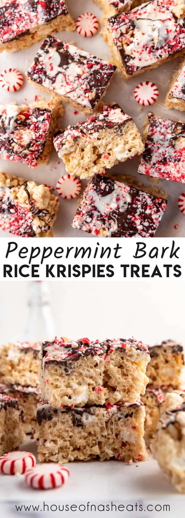 A collage of images of peppermint bark rice krispies treats.