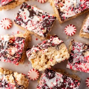 An overhead image of peppermint bark rice krispies treats squares.