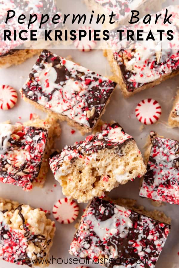 An overhead image of peppermint bark rice krispies treats with text overlay.