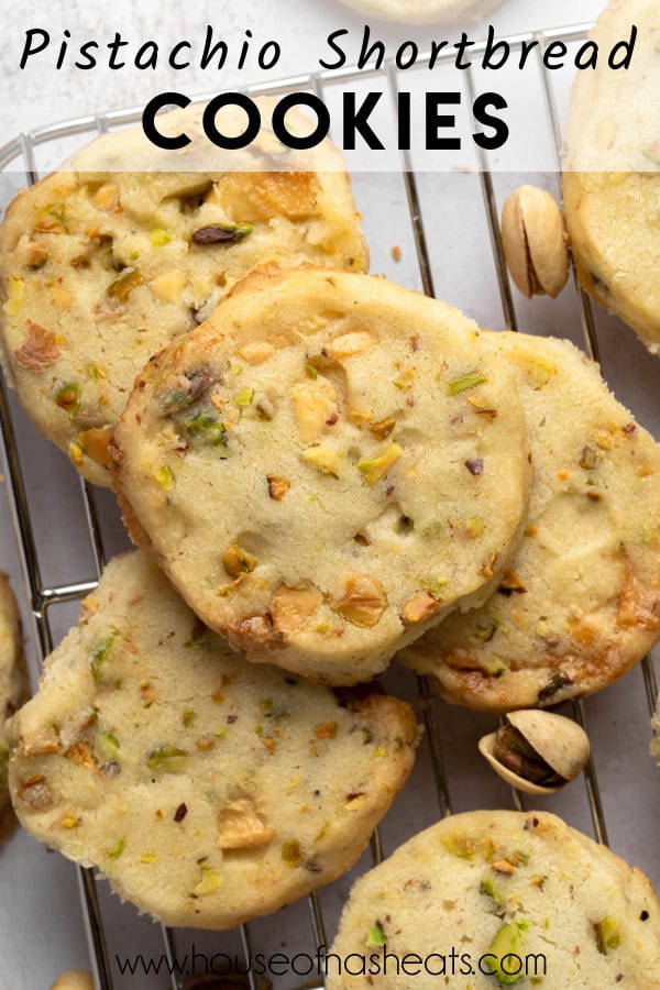 An overhead image of pistachio shortbread cookies with text overlay.