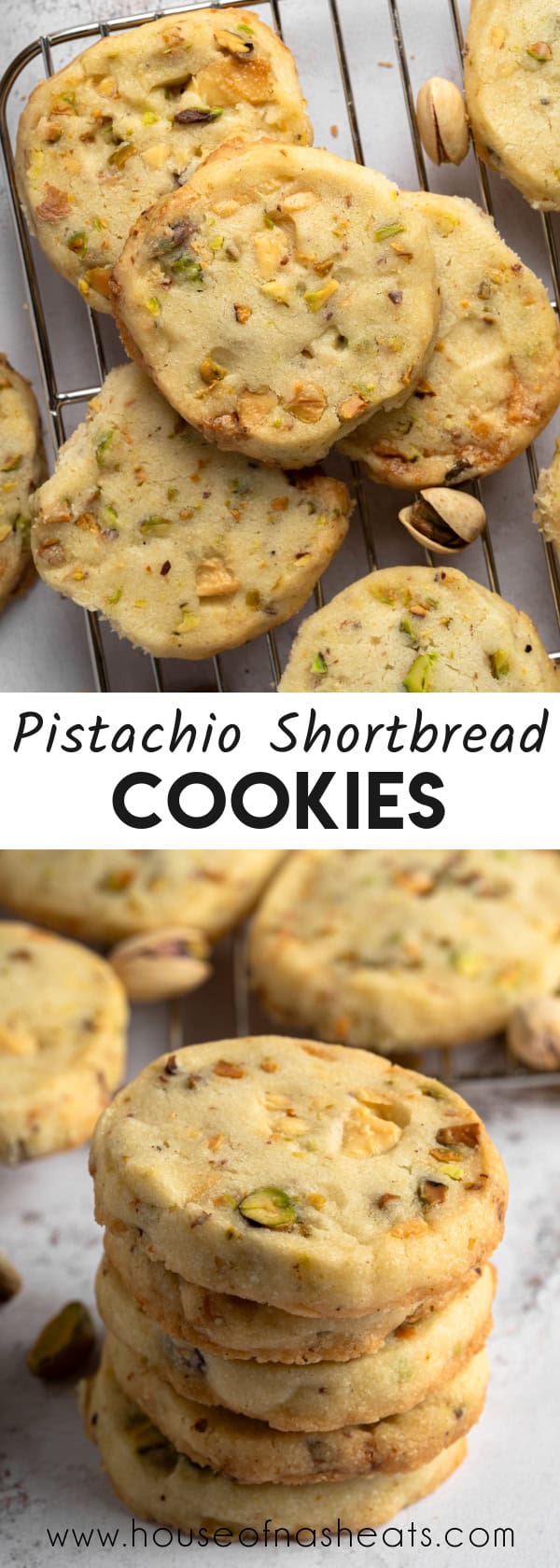 A collage of images of pistachio shortbread with text overlay.