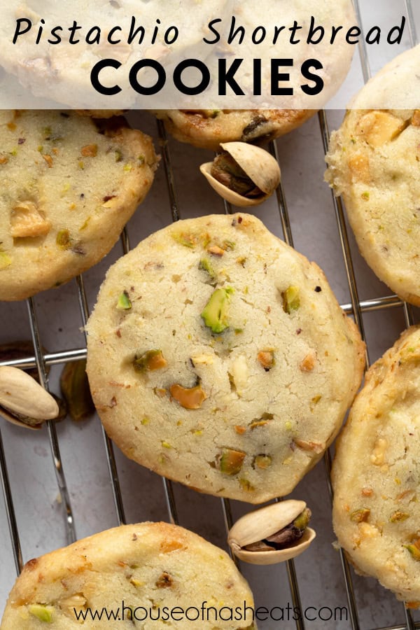 An overhead image of pistachio shortbread cookies with text overlay.