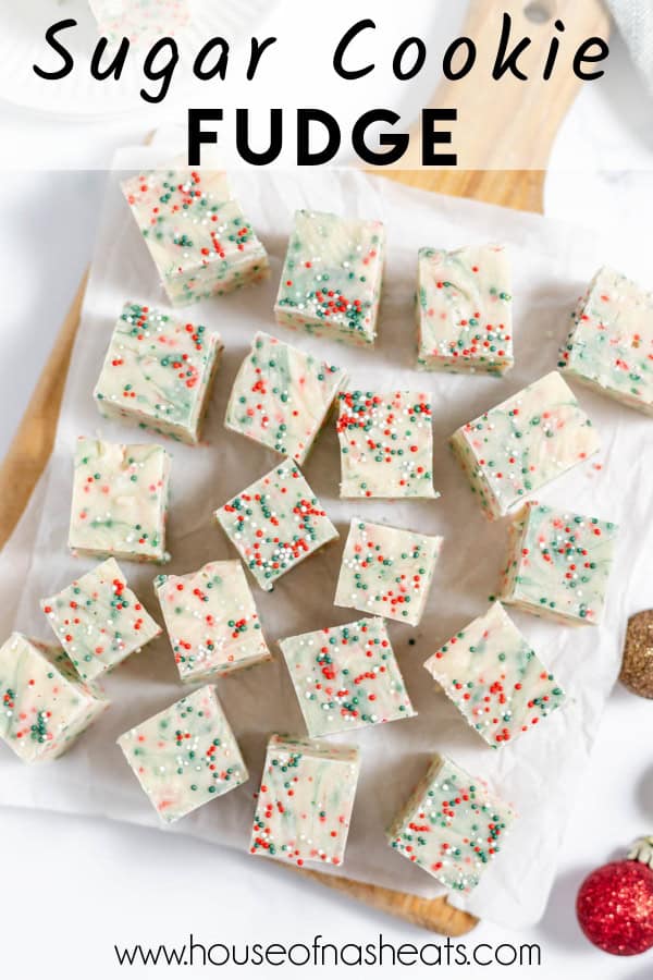 Overhead images of sugar cookie fudge with text overlay.