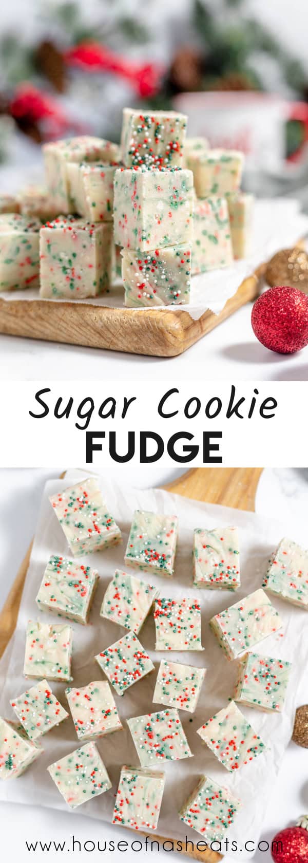 A collage of images of sugar cookie fudge with text overlay.