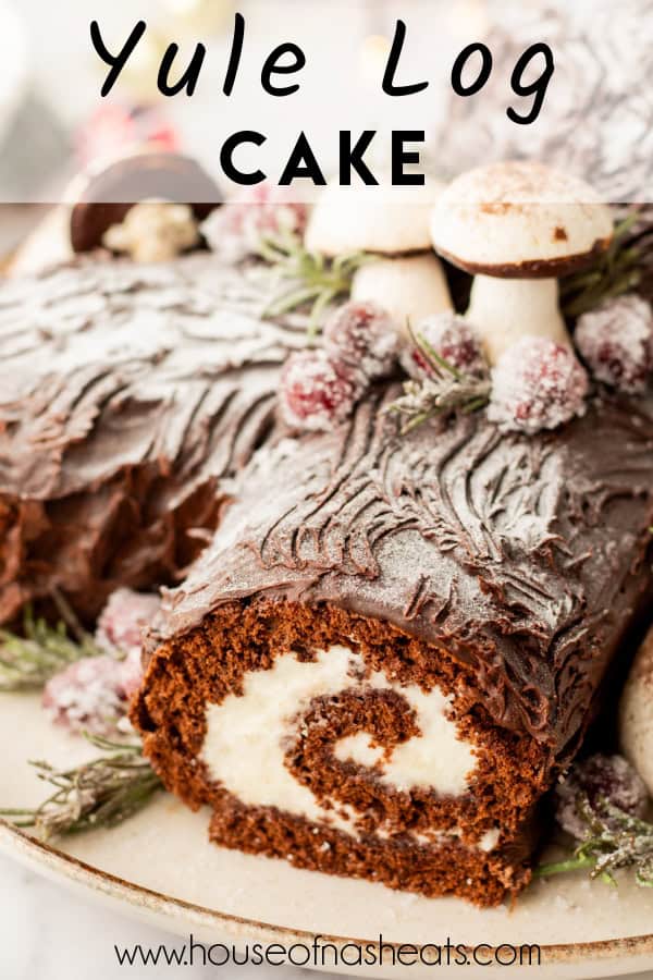 A yule log cake with text overlay.