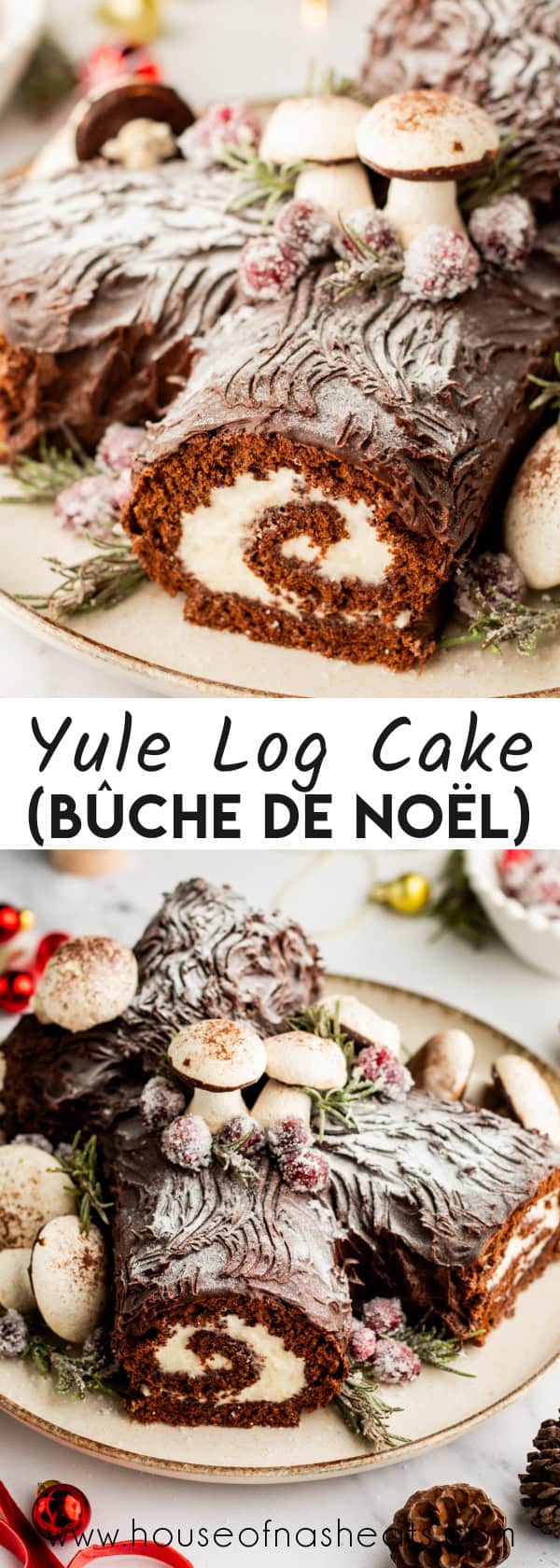 A collage of yule log cake images with text overlay.