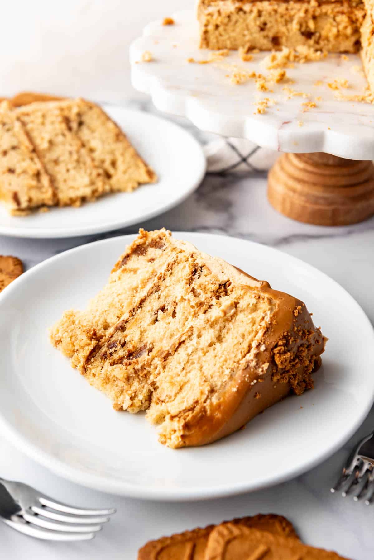 A slice of biscoff cookie butter cake on a white plate.