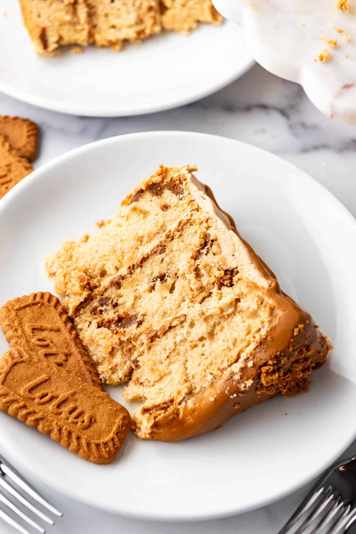 A slice of cookie butter cake on a white plate.