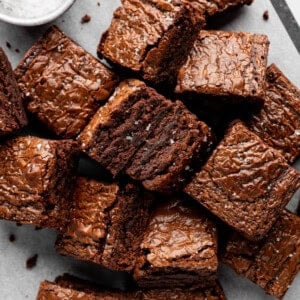 An image of brownies piled in a jumble.