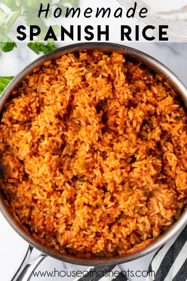 An overhead image of a pan of Mexican rice.