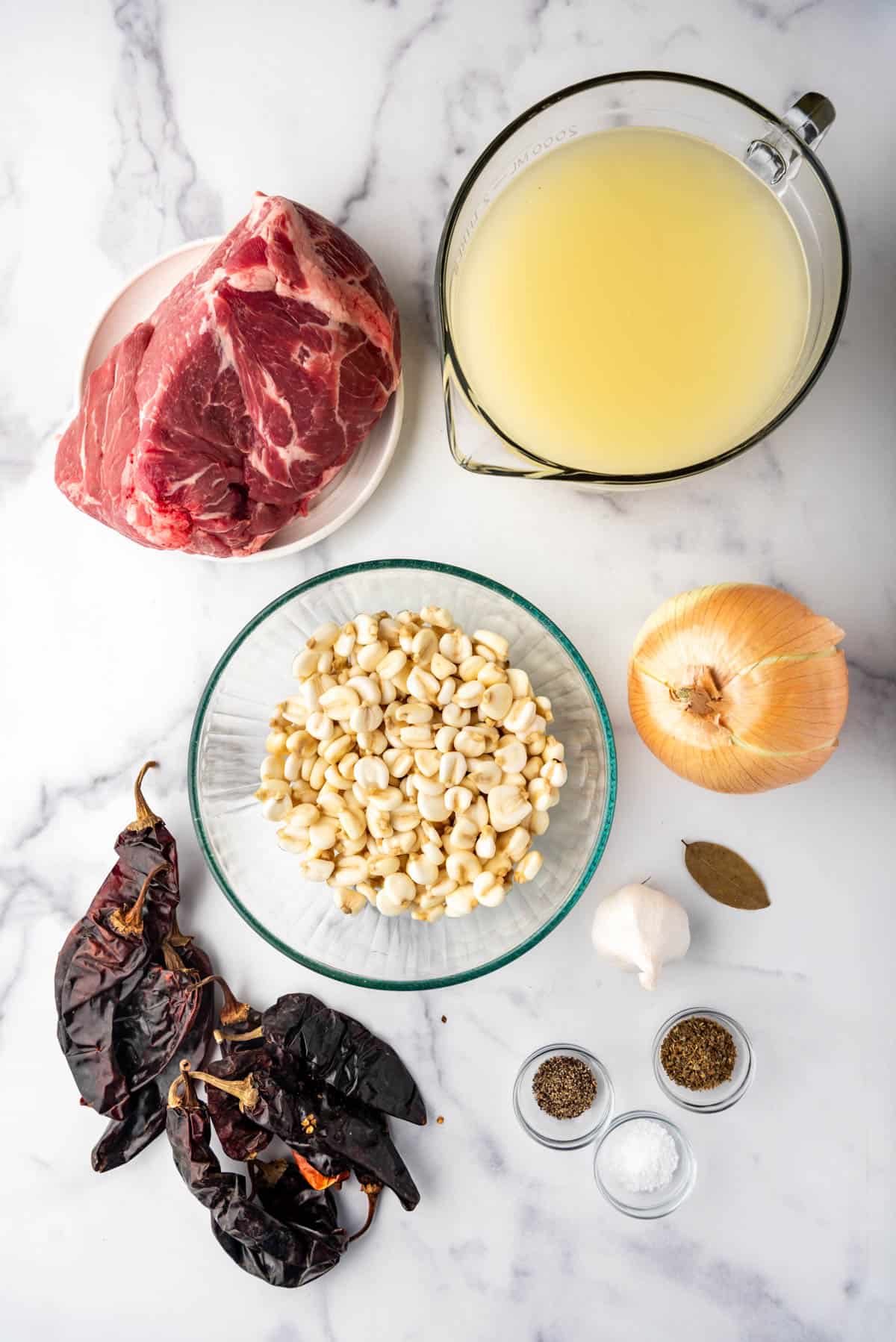 An image of the ingredients needed to make New Mexico red posole.