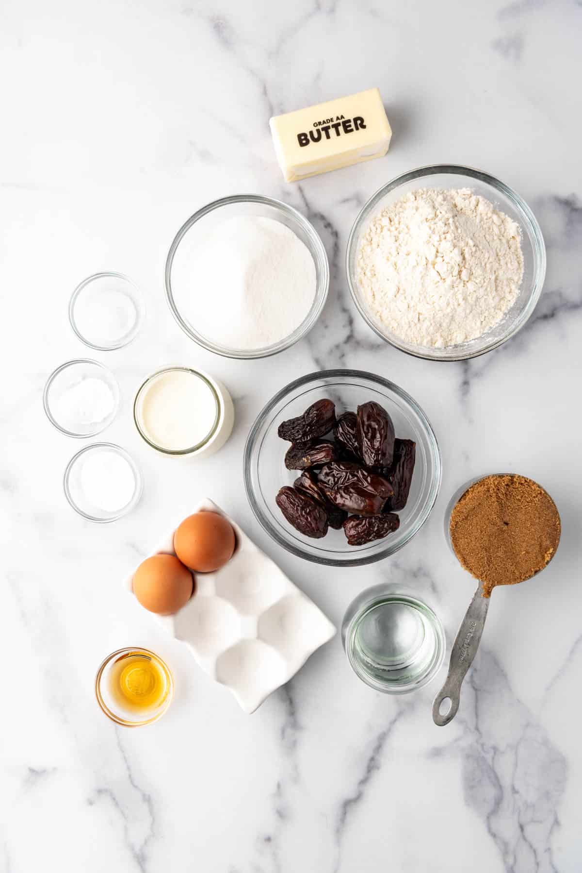 An image of the ingredients for making sticky toffee pudding cakes.