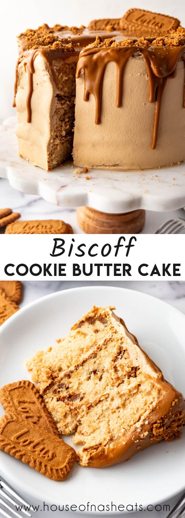 A collage of images of a Biscoff cake with text overlay.