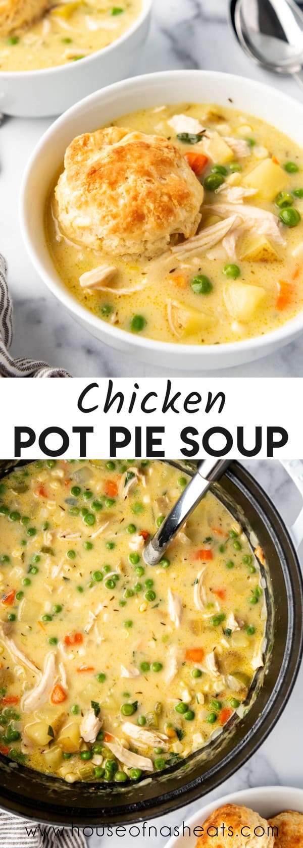 A collage of images of chicken pot pie soup with text overlay.