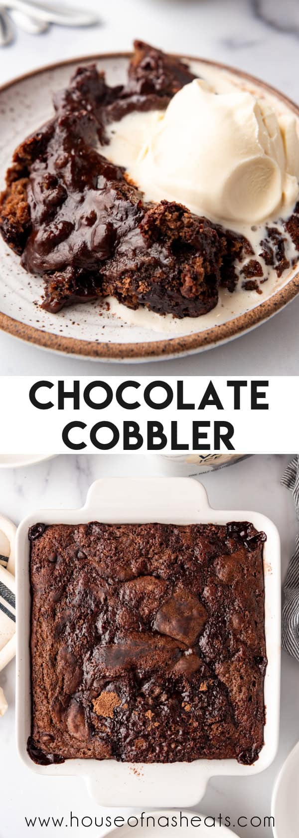 A collage of images of chocolate cobbler.