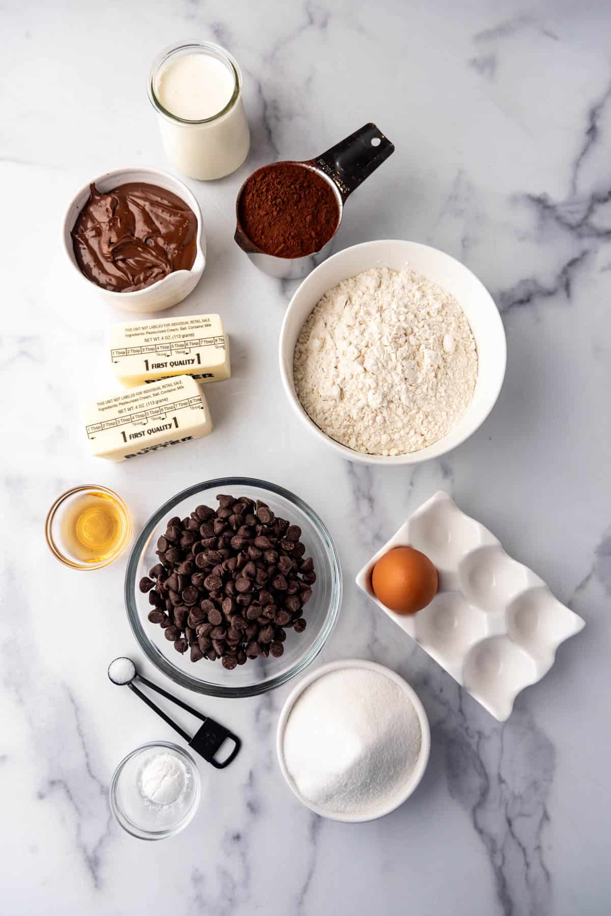 Ingredients for making chocolate nutella sandwich cookies.