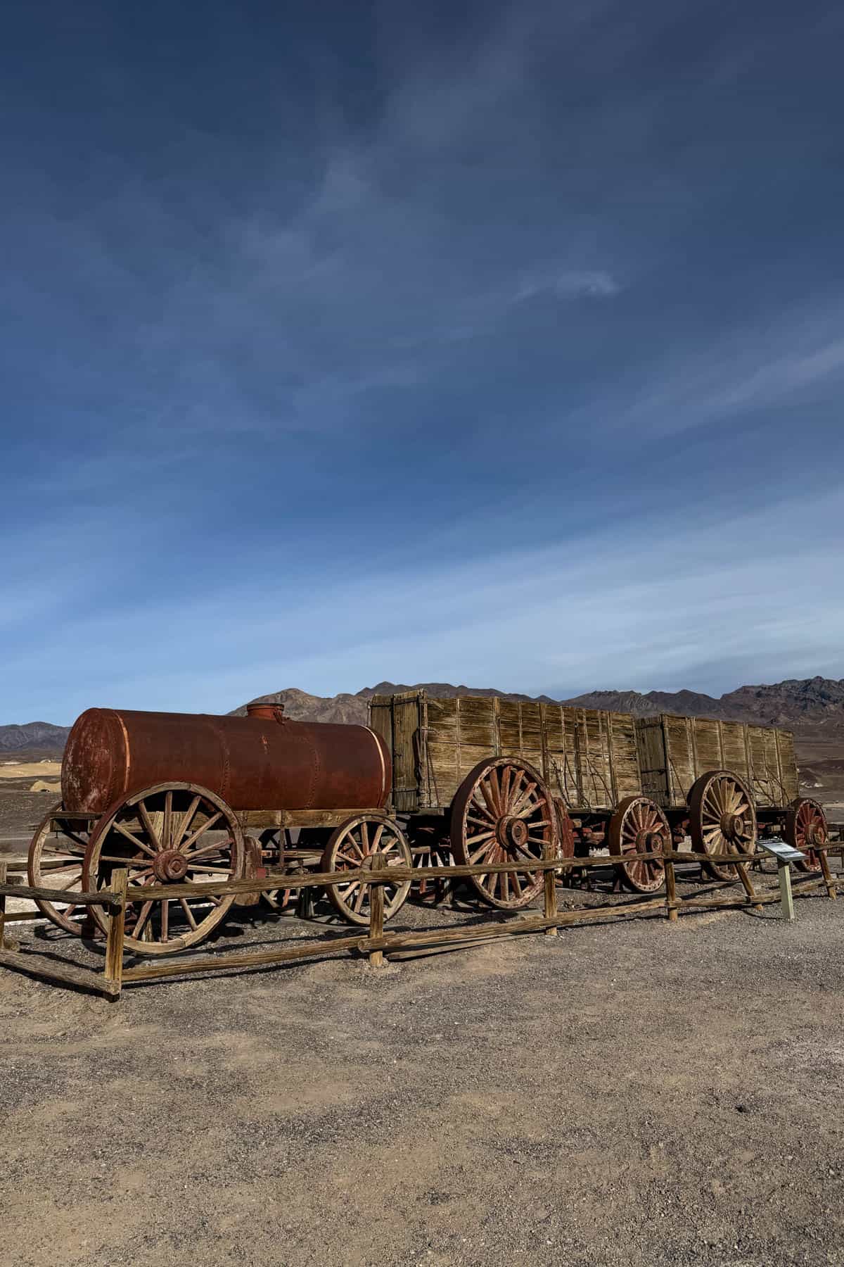 A large wagon for hauling borax at the Harmony Borax Works in Death Valley.