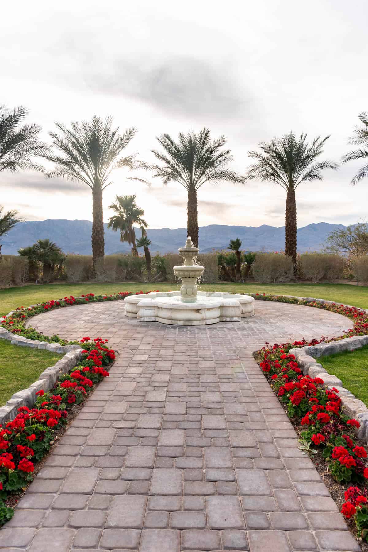 The fountain at the entrance of the Oasis at Death Valley resort.