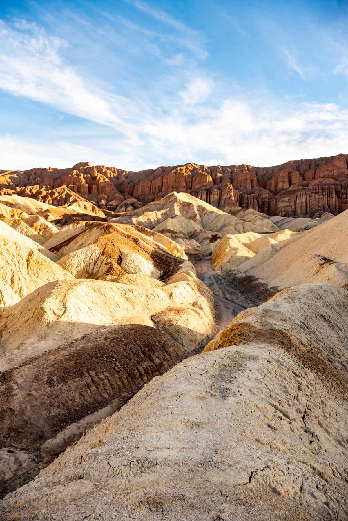 Golden rock formations in Golden Canyon in Death Valley National Park.