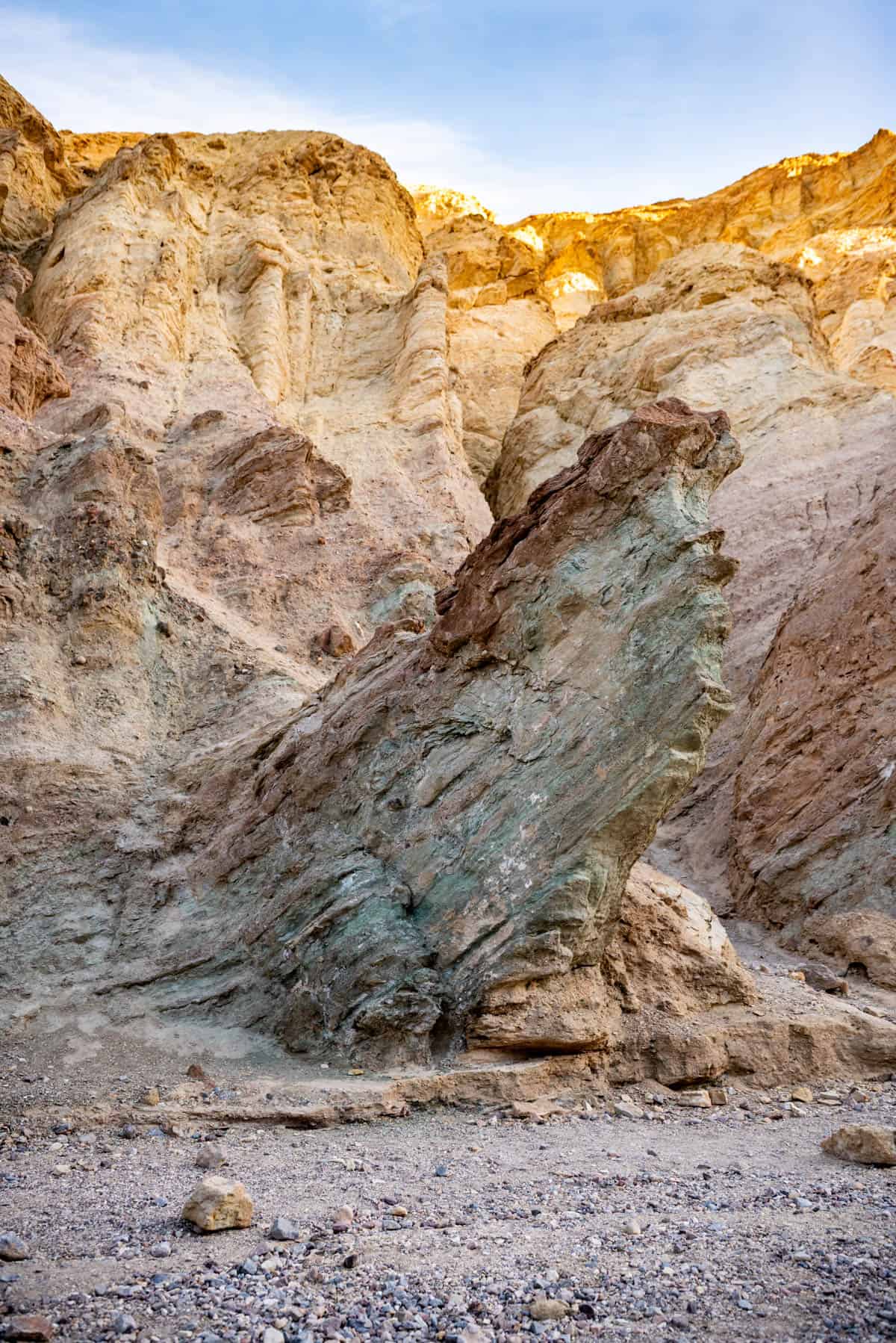 A green rock formation in Golden Canyon in Death Valley.