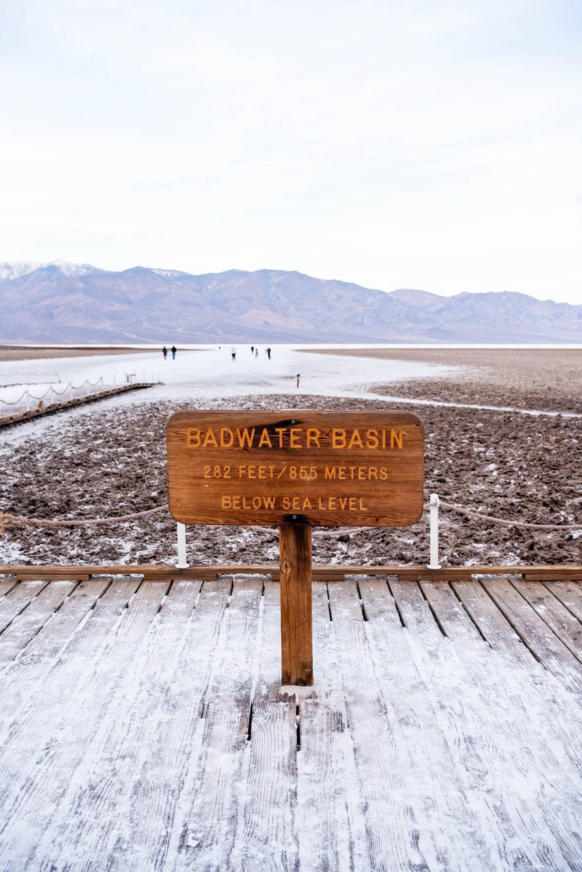 The sign for Badwater Basin on the boardwalk.