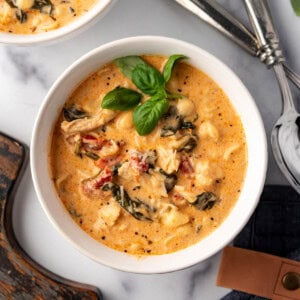 An overhead image of a bowl of marry me chicken soup with pasta.