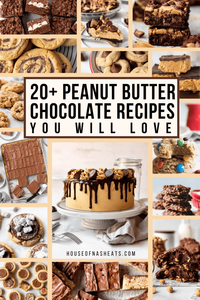 A collage of images of peanut butter chocolate recipes.