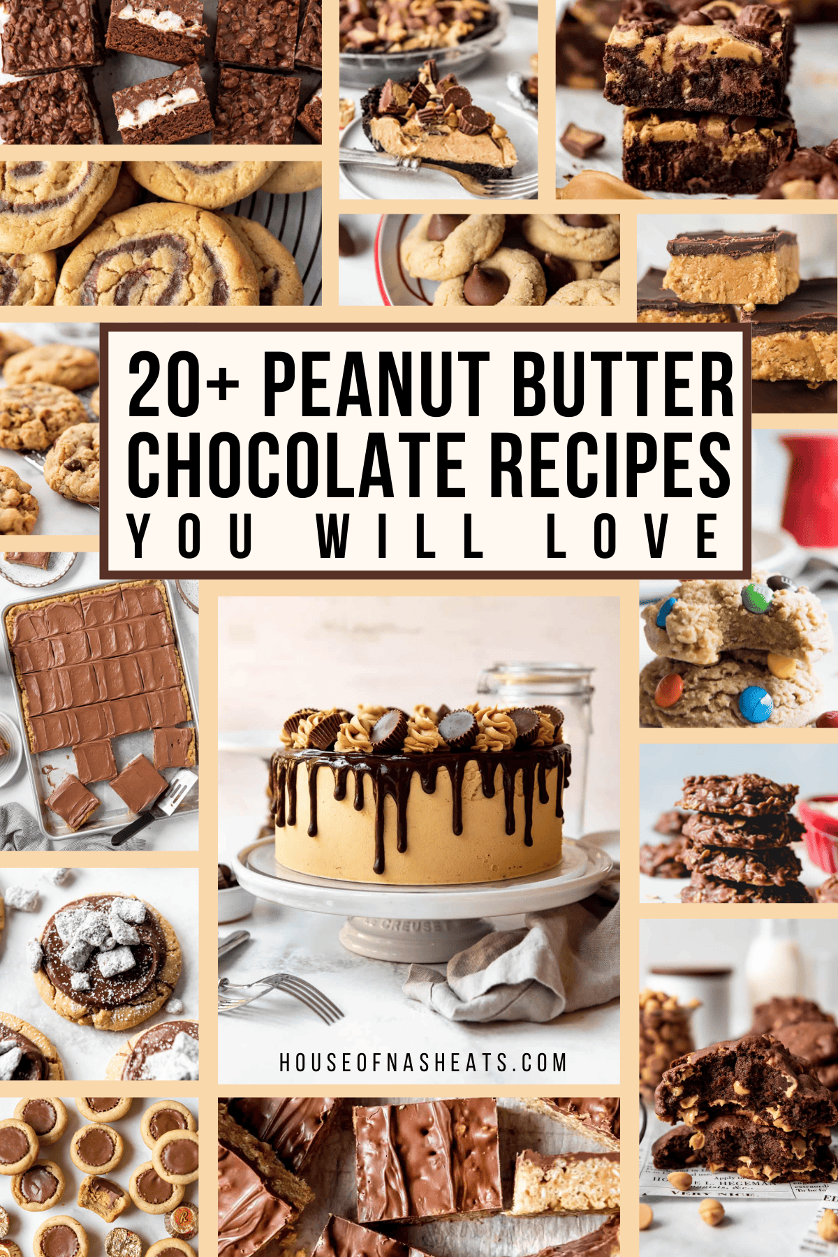 An image of a collage of peanut butter and chocolate recipes including cakes, cookies, brownies, and cheesecake.