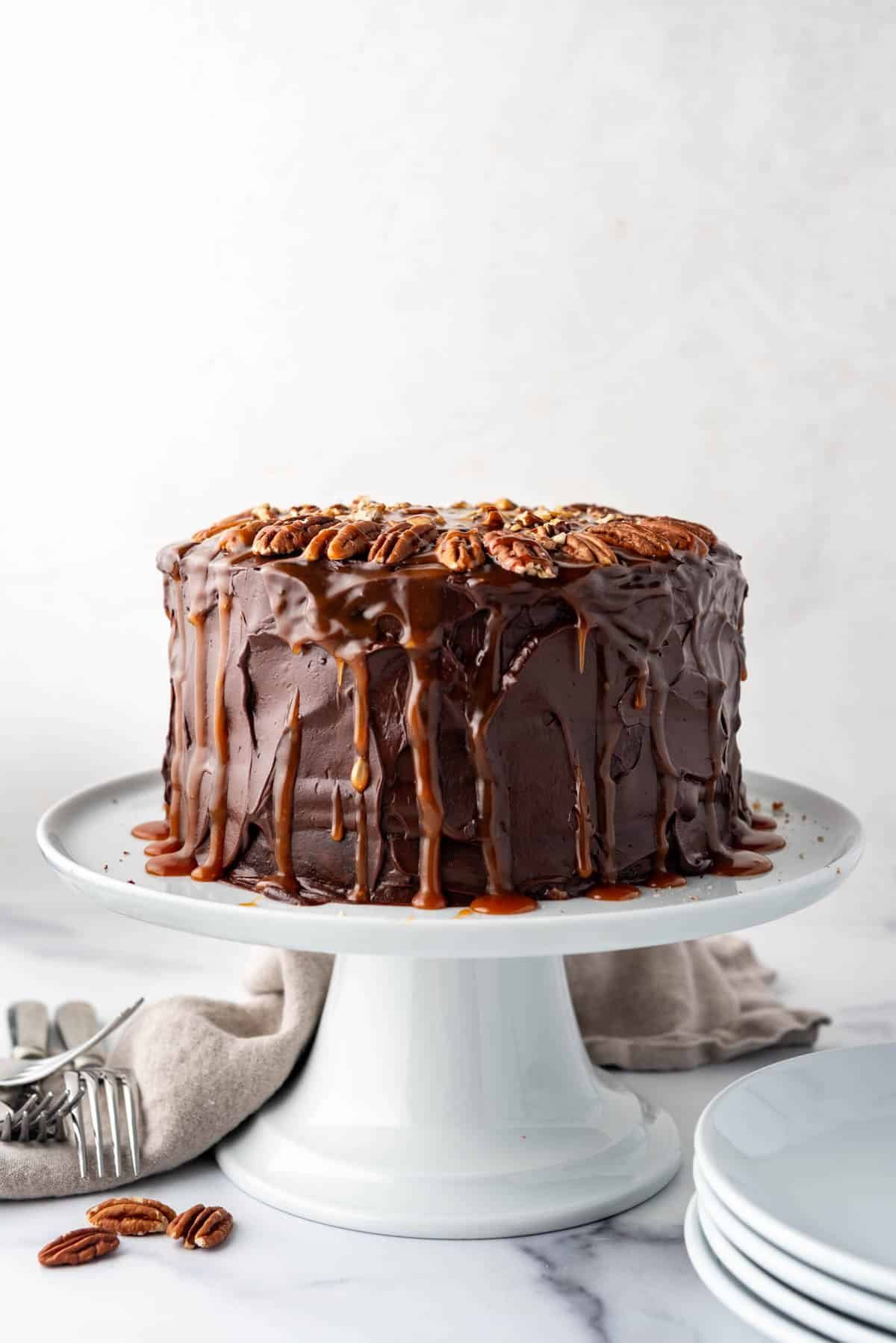 An image of a chocolate turtle cake on a white cake stand next to a stack of white plates.