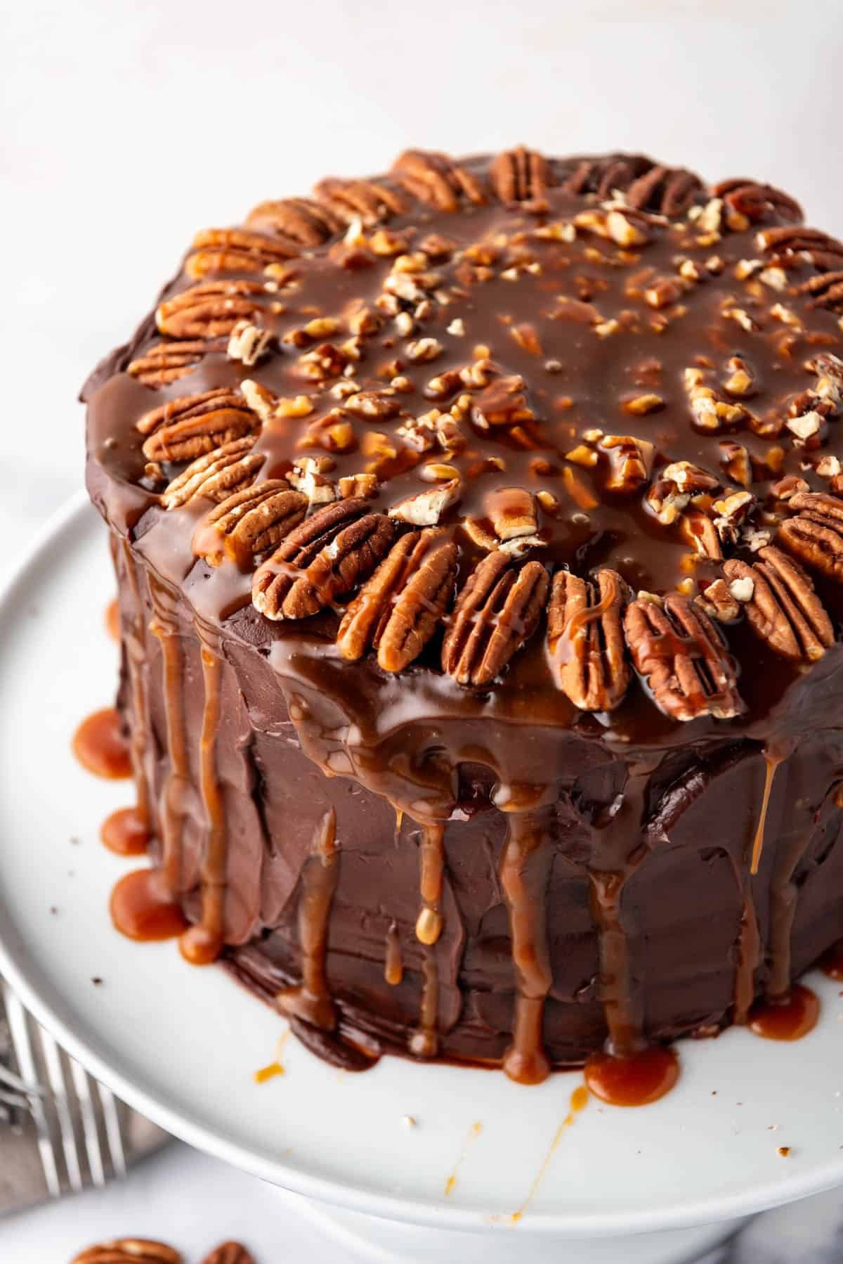 An angled view of the top of a turtle cake with toasted pecans and homemade caramel dripping over a fudge frosting.