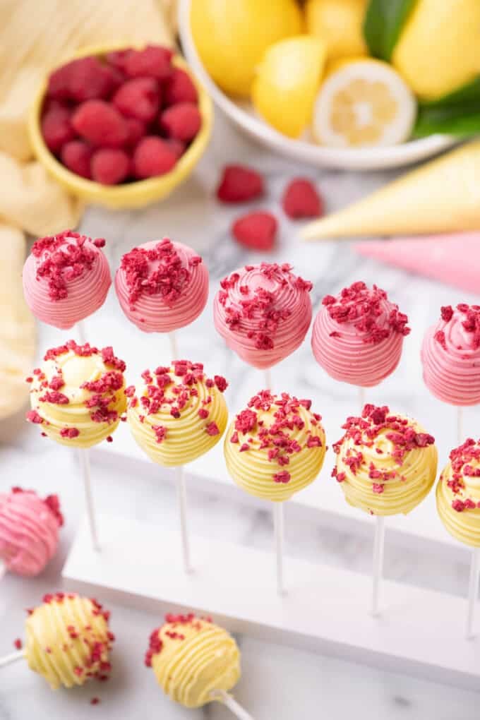 An overhead image of cake pops decorated with freeze dried raspberries.