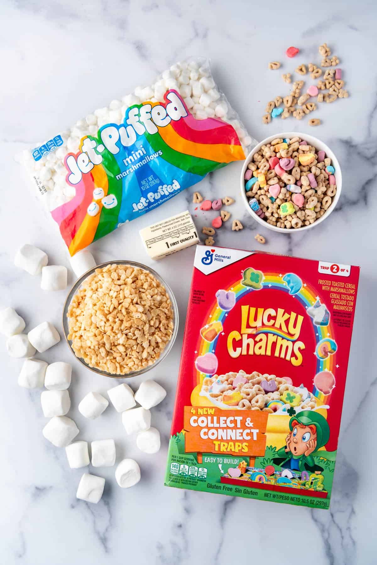 Ingredients for Lucky Charms rice krispies treats.