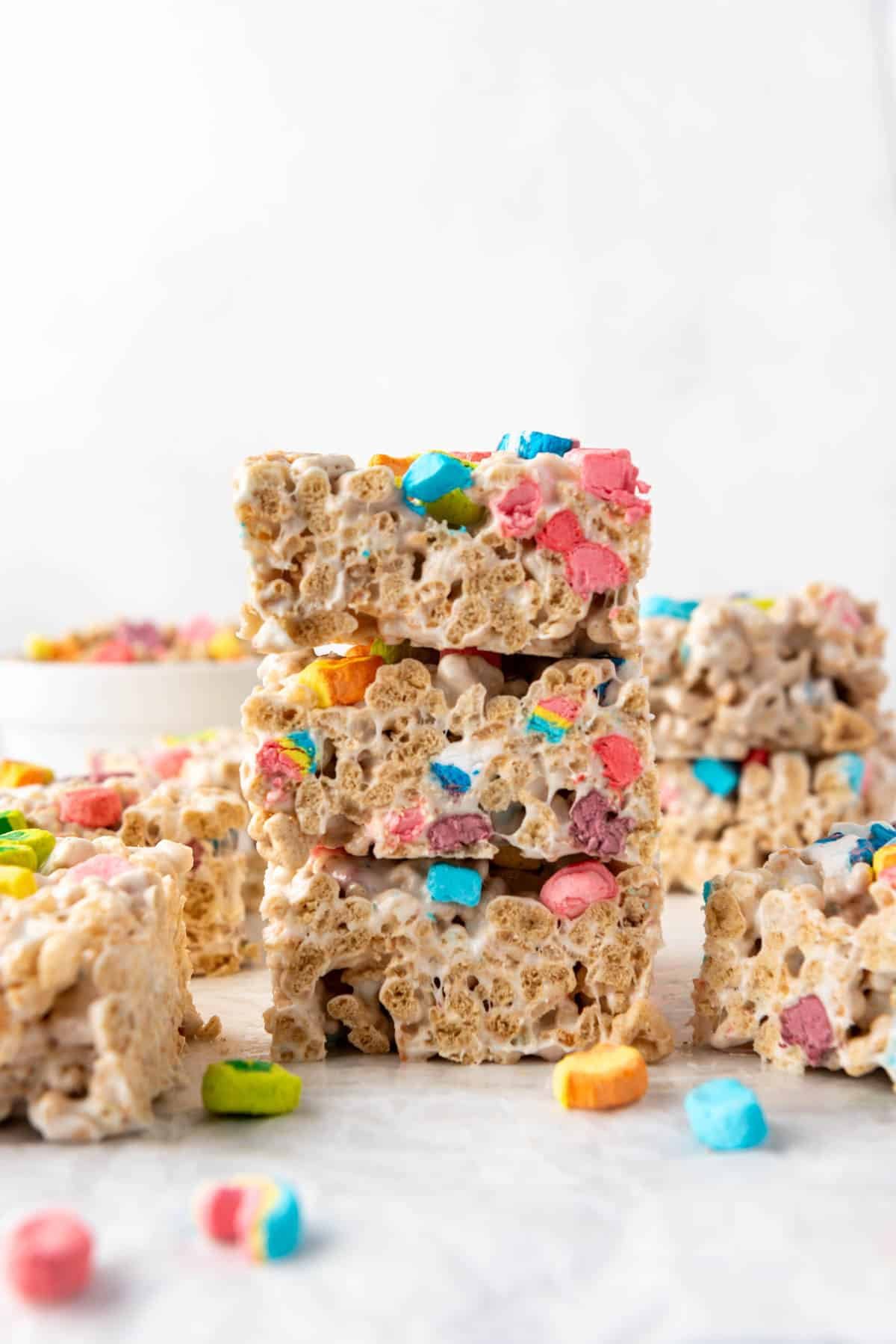 A stack of Lucky Charm Rice Krispies Treats.