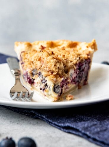 A straight on shot of a triangular slice of blueberry custard pie on a plate.