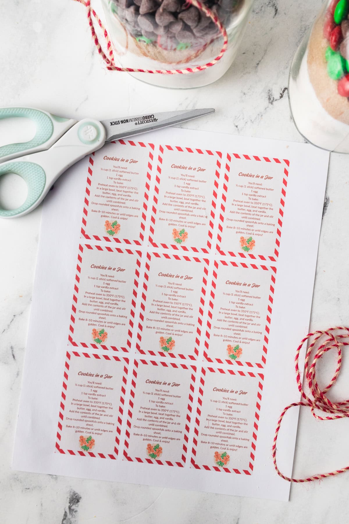 Printed gift tags with instructions for making cookies from a jar.