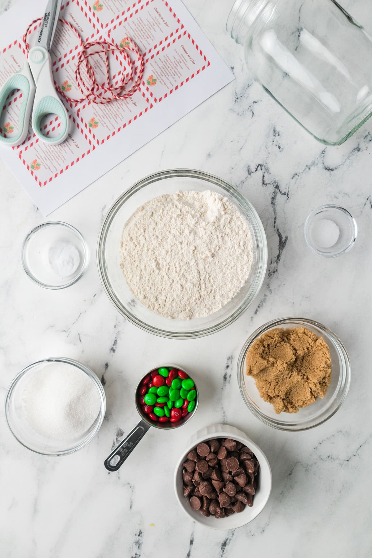 Ingredients for making cookie mix in a jar.