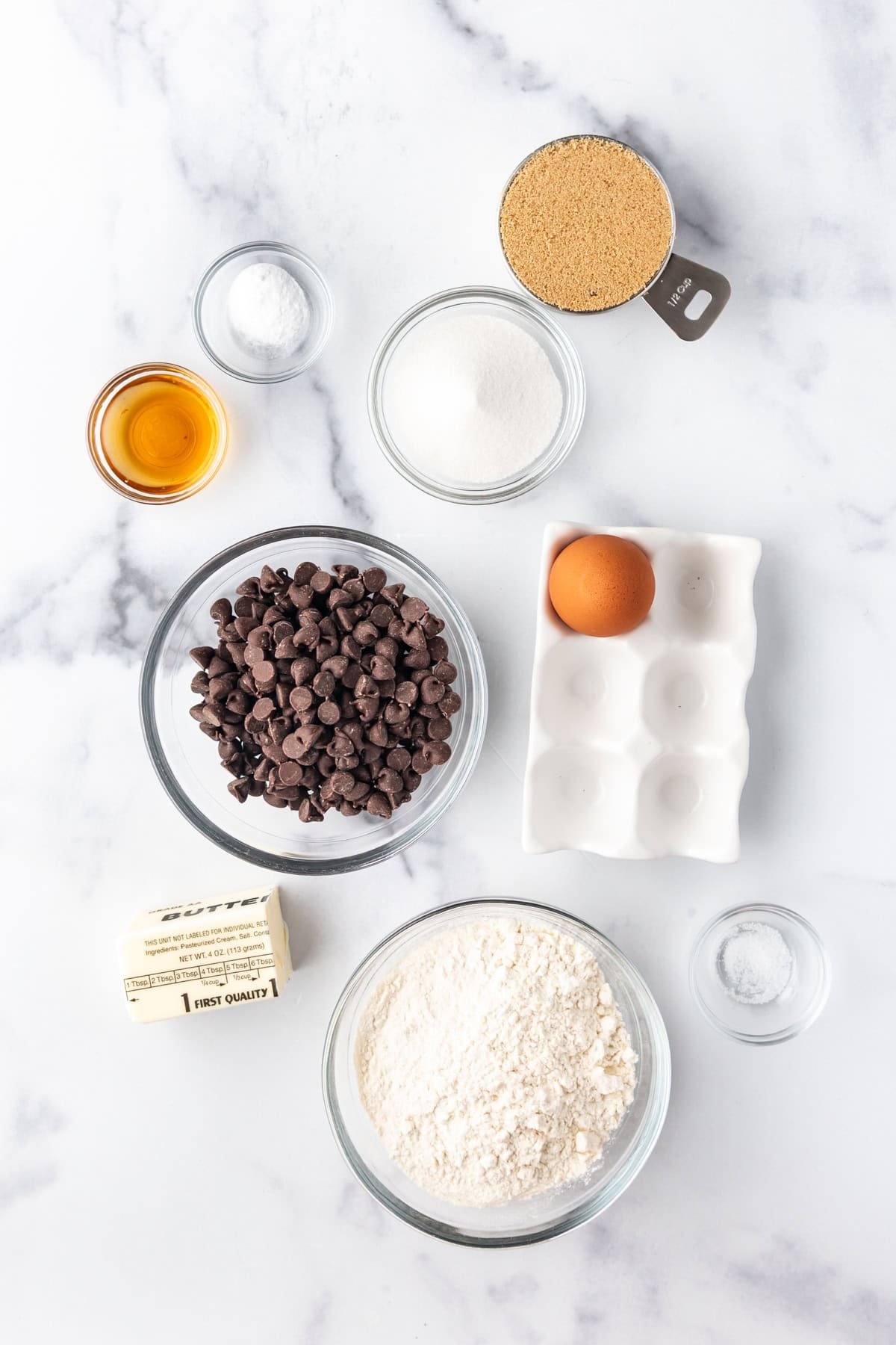 Ingredients for making the chocolate chip cookie part of brookies.