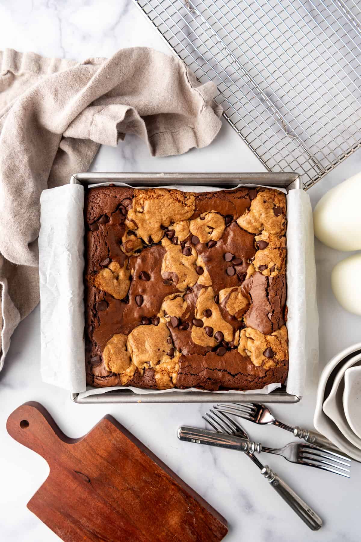 A finished batch of brookies in a square pan.