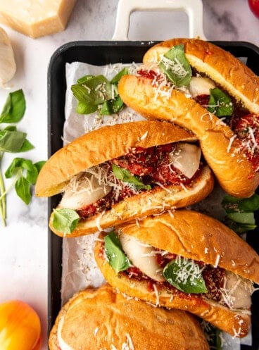 An overhead image of Italian meatball subs.