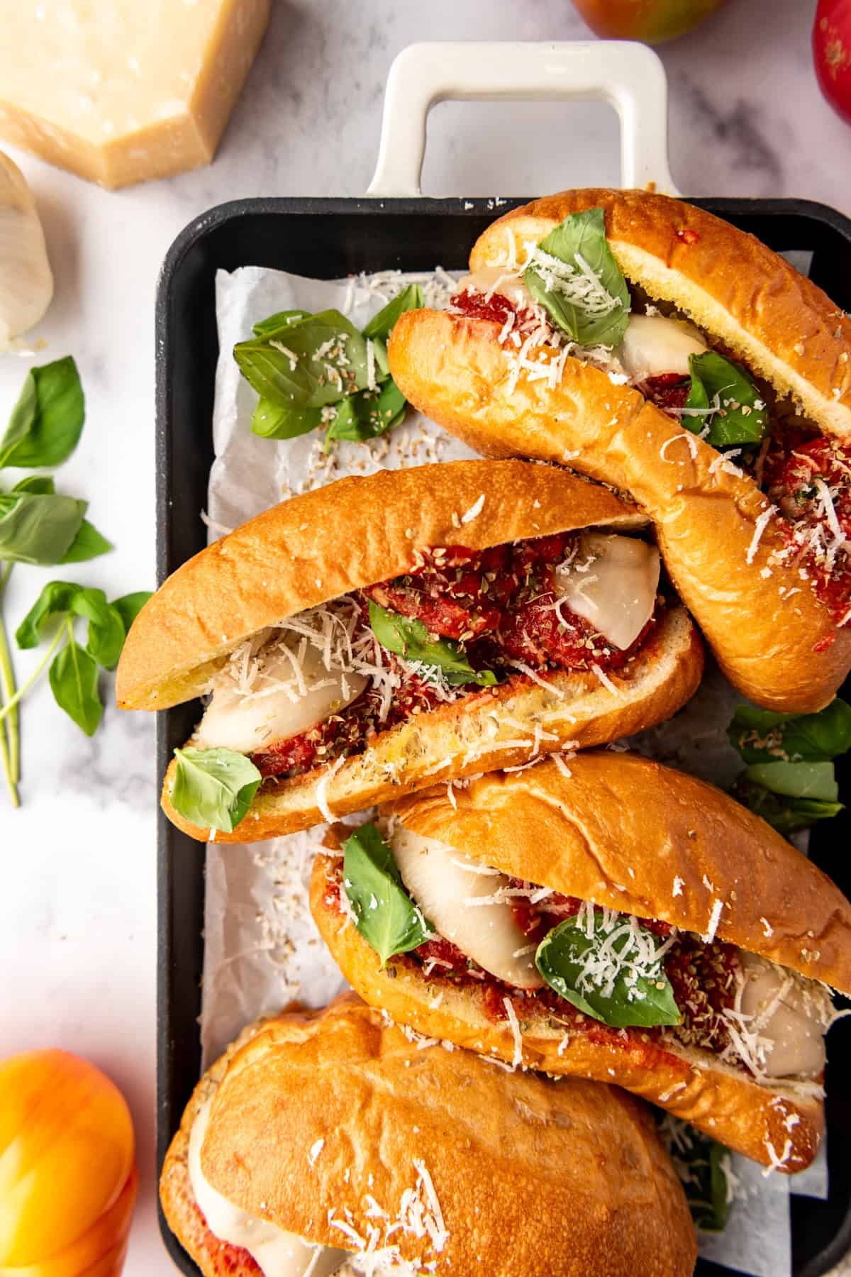 An overhead image of Italian meatball subs.