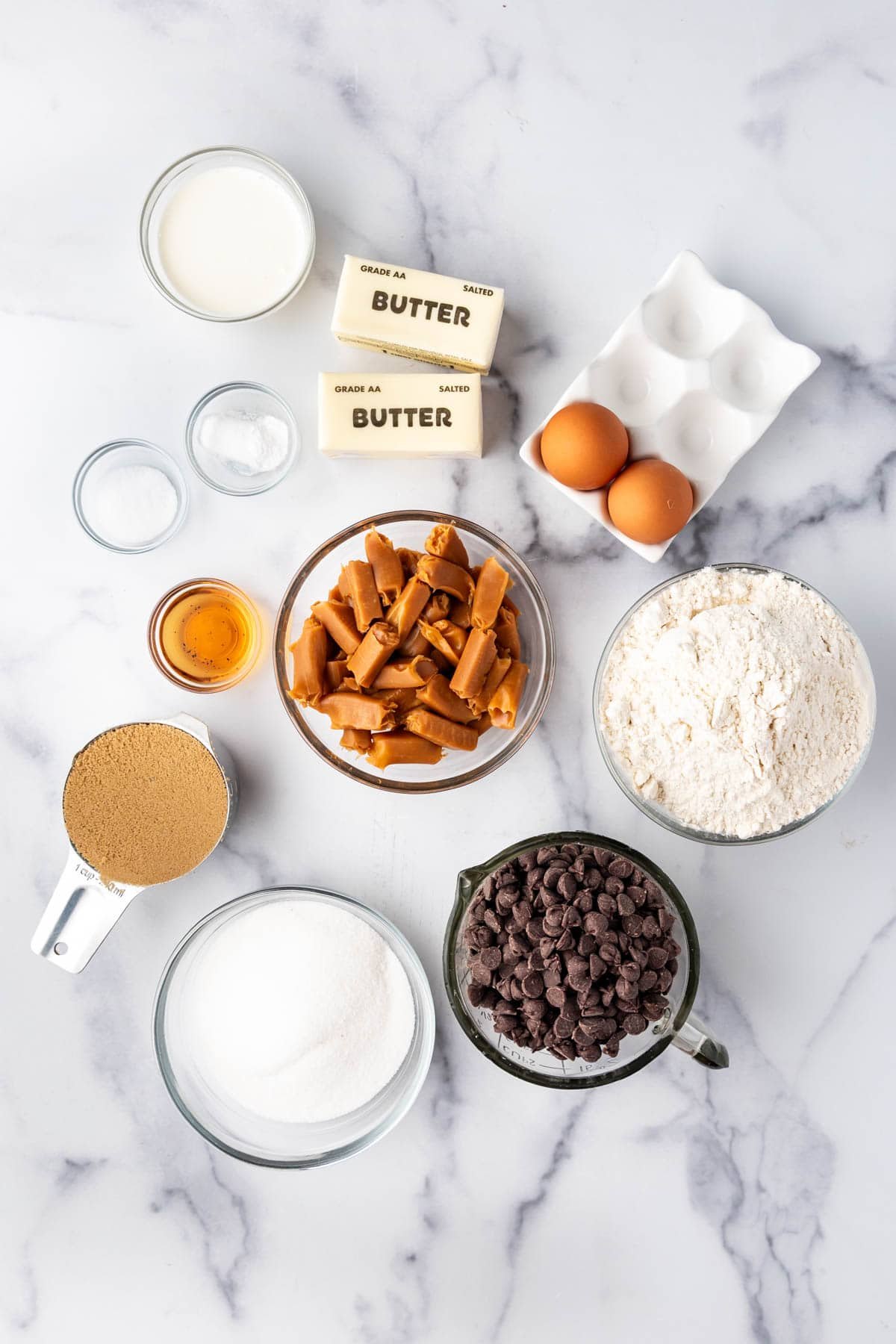 Ingredients for making chocolate chip caramel bars.
