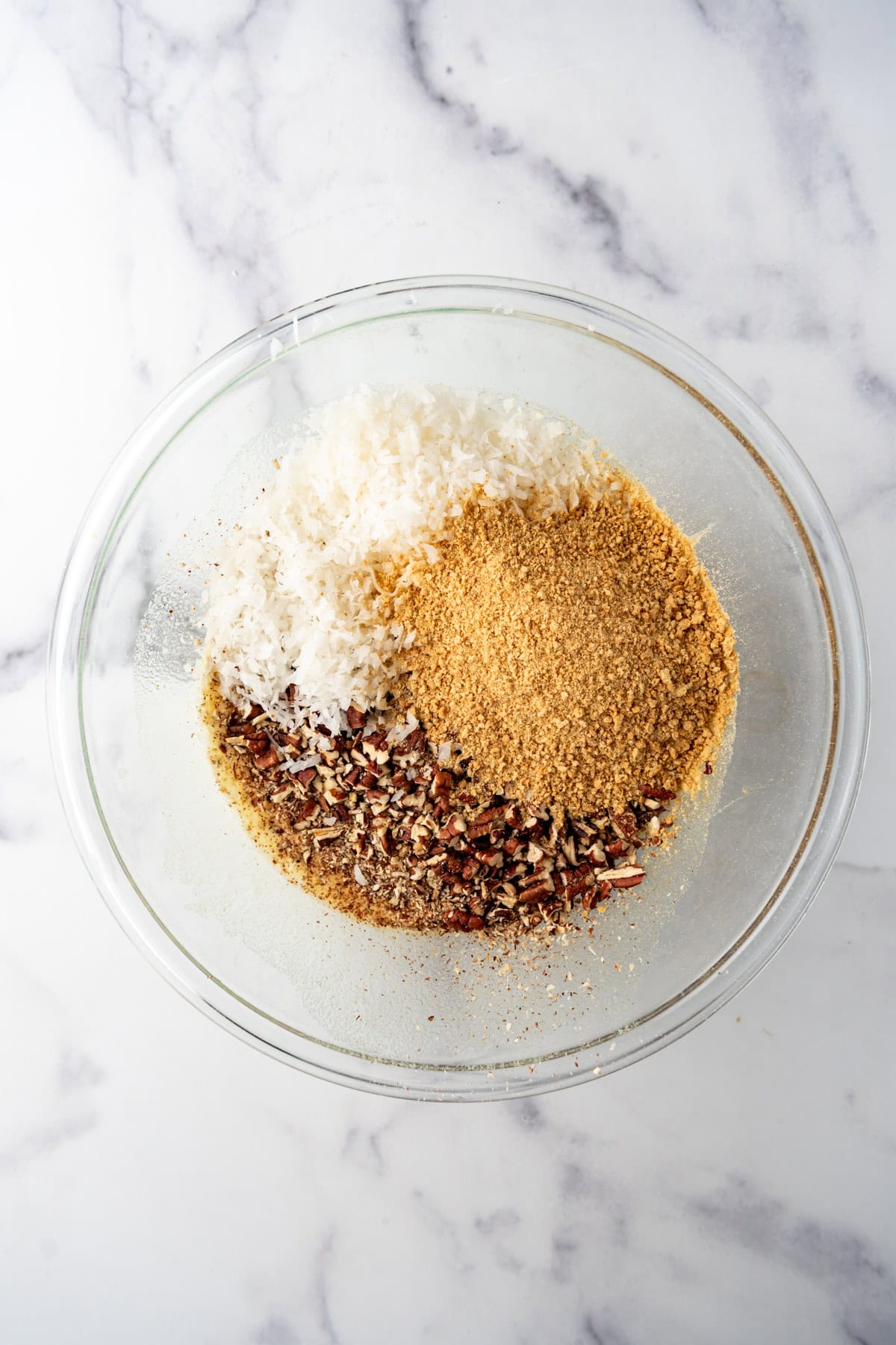 An image of graham cracker crumbs, shredded coconut, and chopped pecans in a mixing bowl.