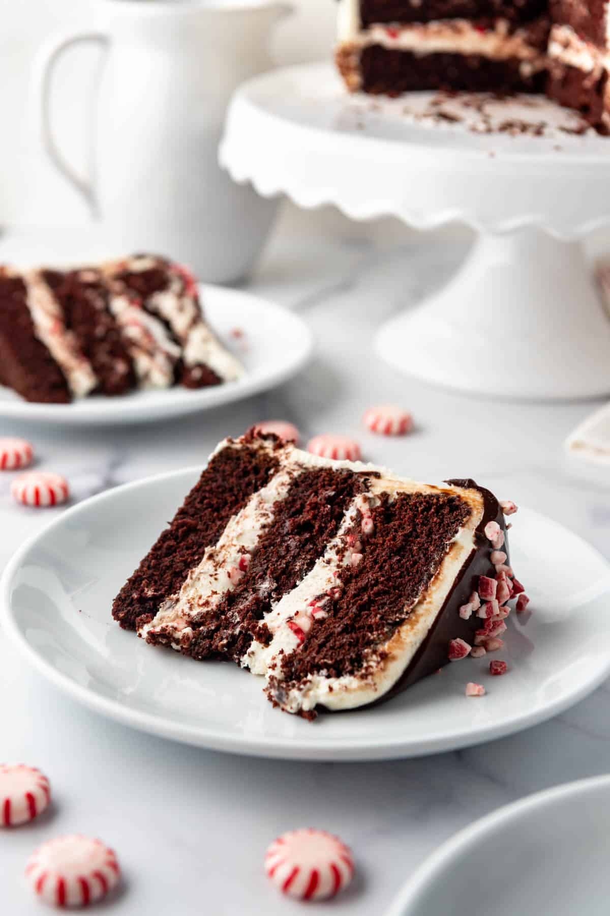 A slice of peppermint chocolate cake on a white plate with peppermint candies nearby.