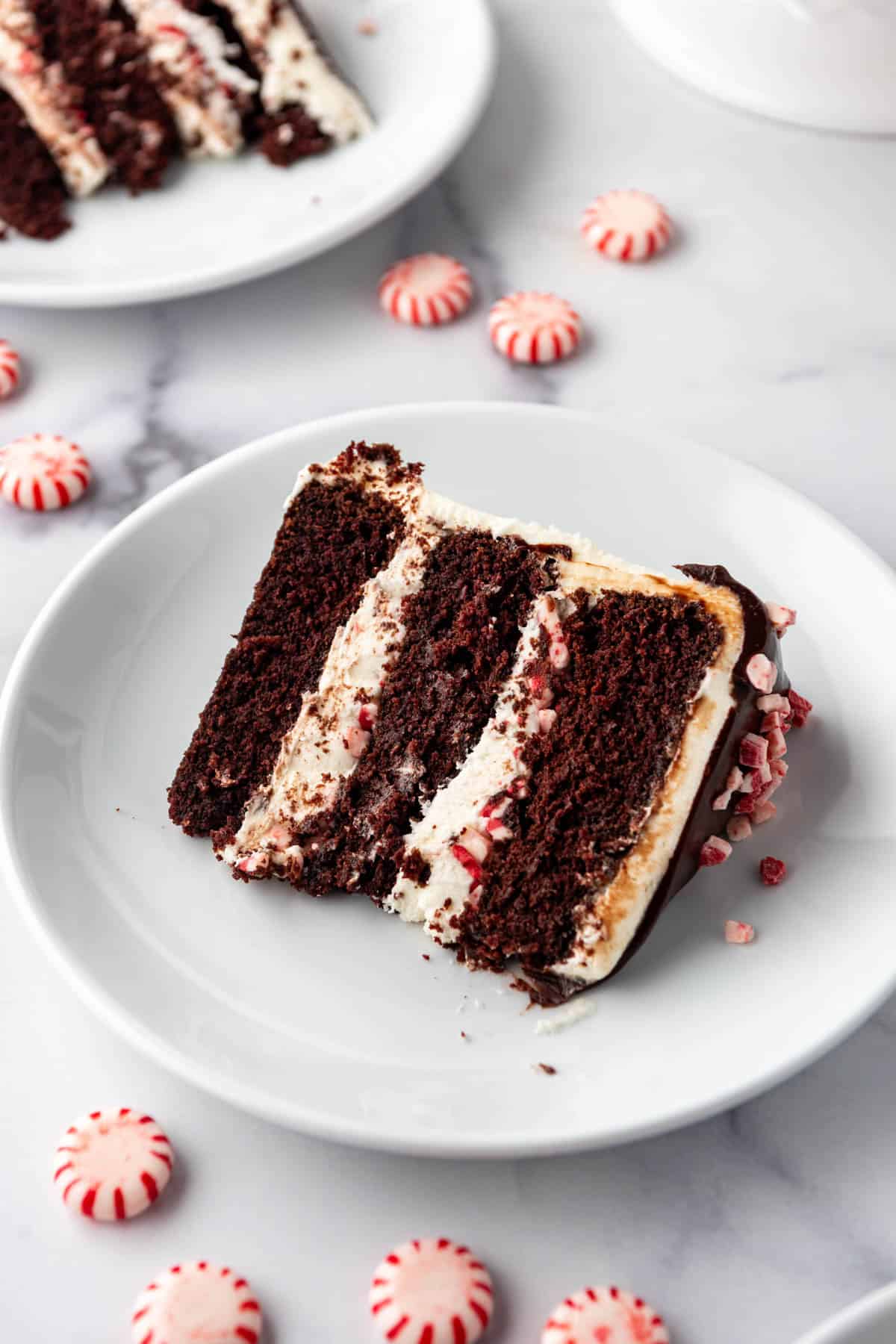 A close image of a slice of peppermint bark cake on a white plate.