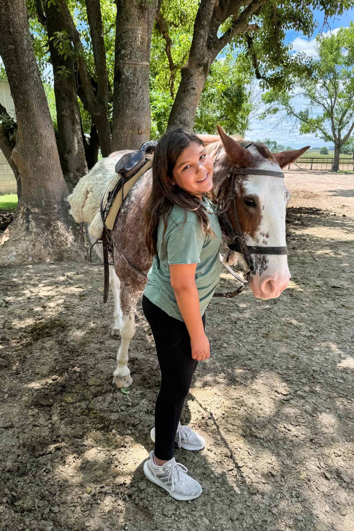 A girl standing next to a horse.