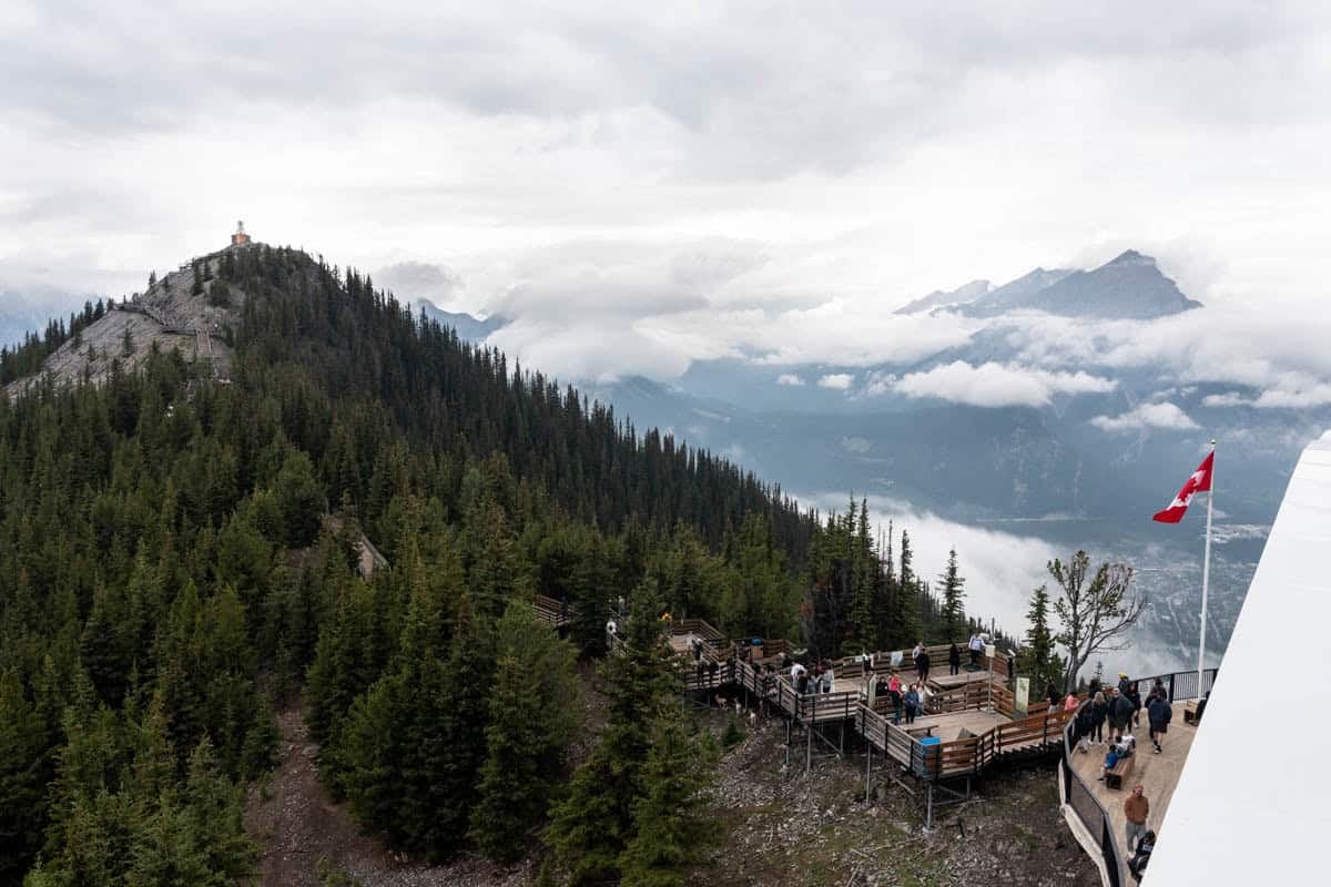 A view of a boardwalk trail along a mountain ridge.